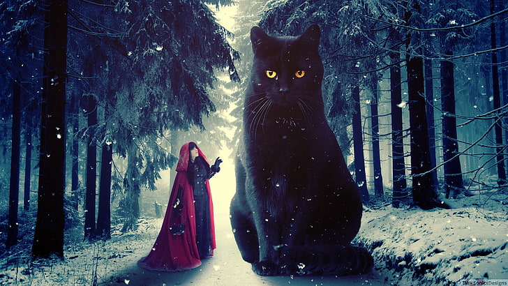 black cats, snow, Little Red Riding Hood, photo manipulation, HD wallpaper