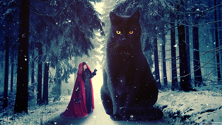 black cat digital wallpaper, snow, winter, photo manipulation