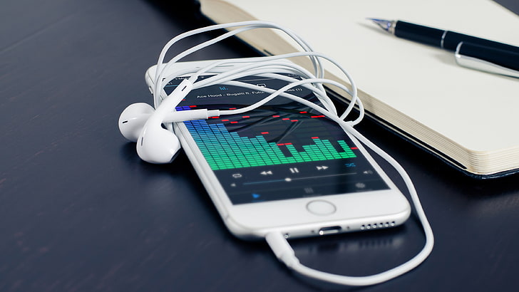 silver iPhone 6 and Apple EarPods, technology, smartphone, earphones