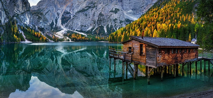 brown wooden cabin, nature, landscape, lake, mountains, chapel, HD wallpaper