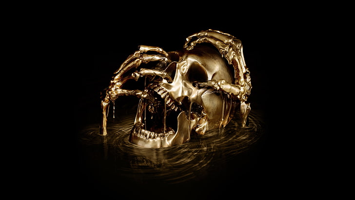 skull, bones, head, gold, melting, studio shot, black background