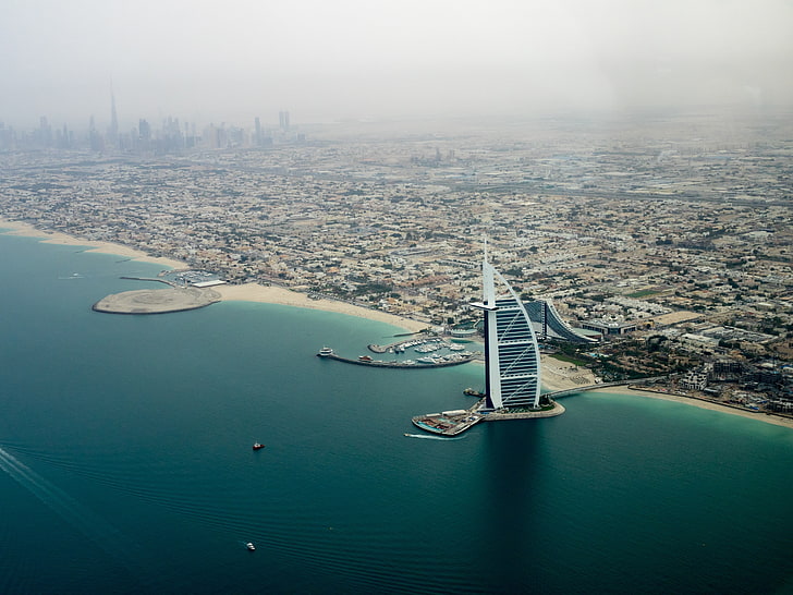 cityscape, sea, helicopter view, shore, building, Burj Al Arab, HD wallpaper