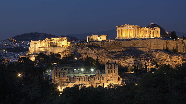 acropolis, athens, cities, cityscapes, greece, historic, mountains, HD wallpaper