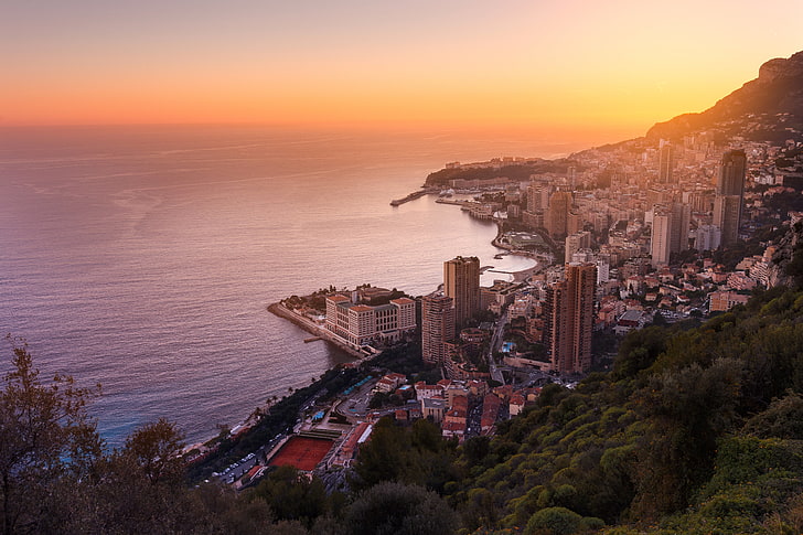 sunset over the horizon, sea, dawn, coast, home, Monaco, Monte Carlo, HD wallpaper