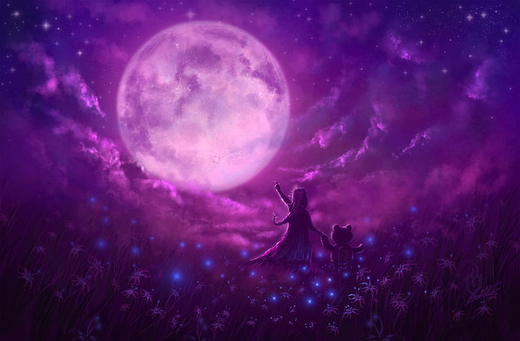 girl and bear with moon background illustration, fantasy art, HD wallpaper