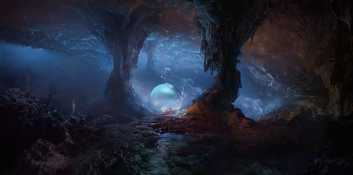 fantasy art, cave, artwork, sphere