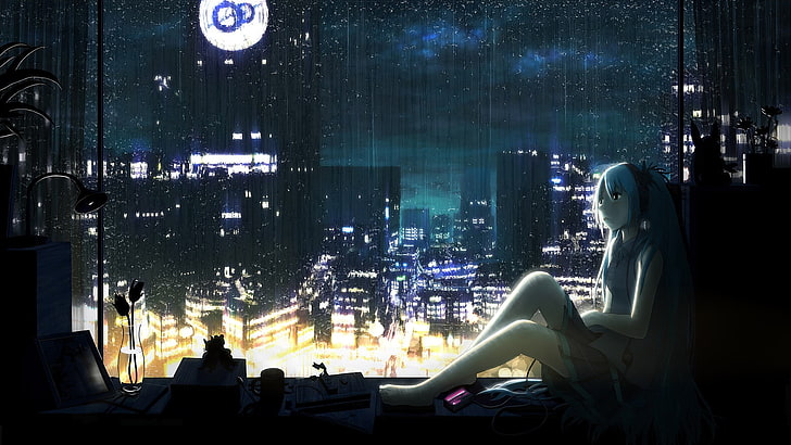 female next to buildings wallpaper, female anime character sitting down near window