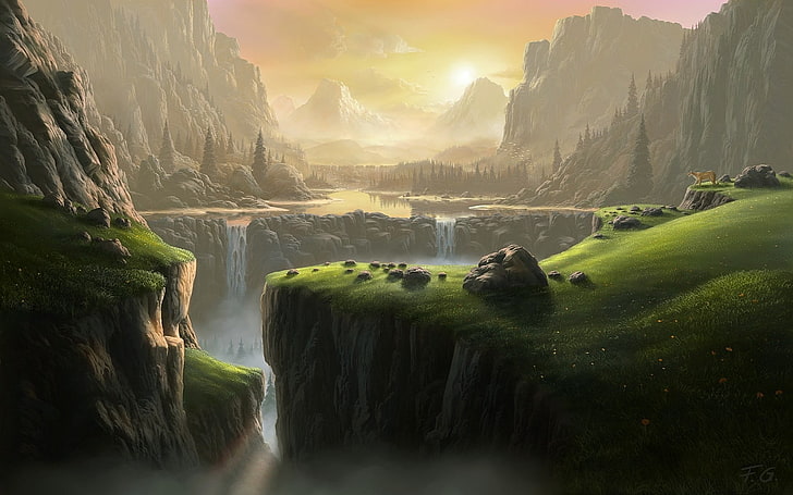 artwork of landscape, water falls and mountains, waterfall, fantasy art