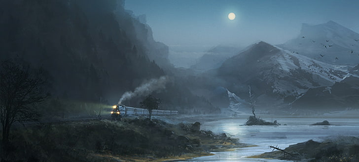 train running beside mountain painting, night, Moon, artwork