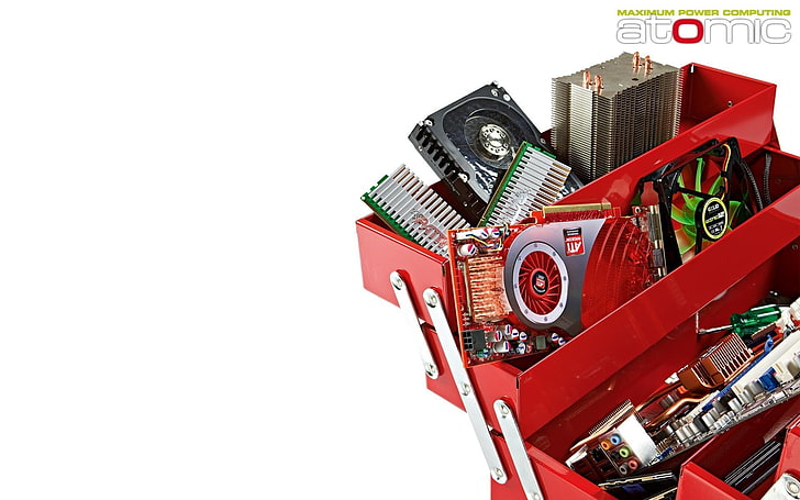 red toolbox, hardware, technology, copy space, studio shot, no people