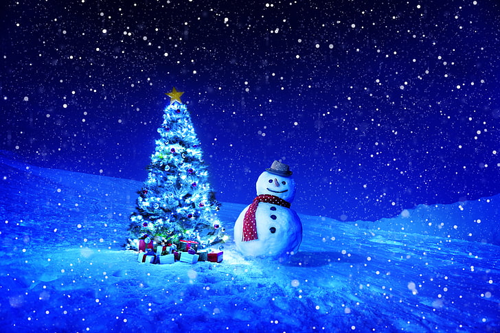 white snowman beside Christmas tree wallpaper, winter, snowflakes