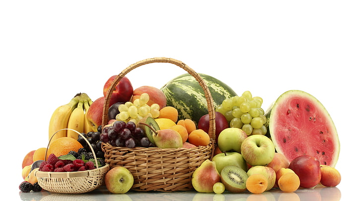 assorted fruits with basket, berries, raspberry, apples, oranges
