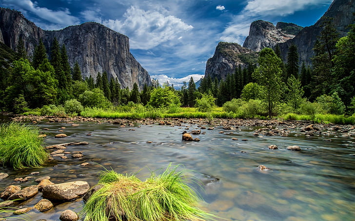Yosemite National Park, Sierra Nevada mountains, lake, forest, trees, landscape photography