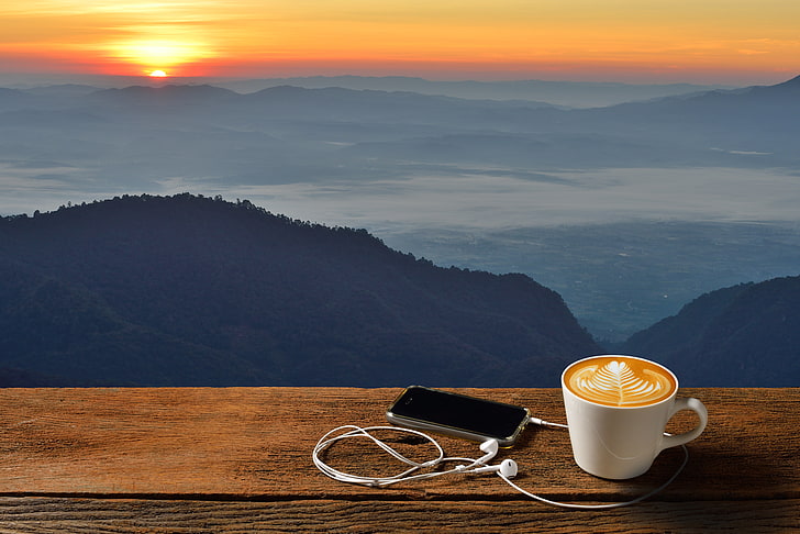 black Android smartphone and white ceramic mug, dawn, coffee