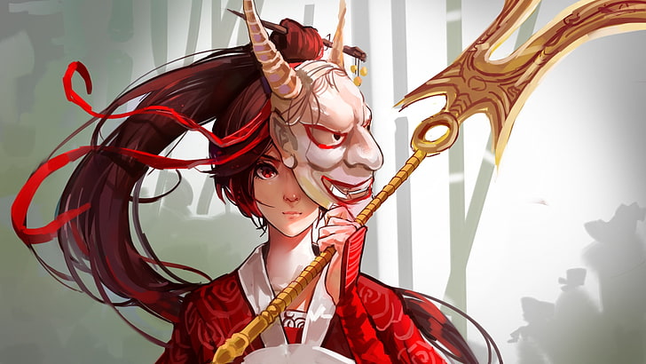 red haired female anime character wearing oni mask holding gold spear digital wallpaper