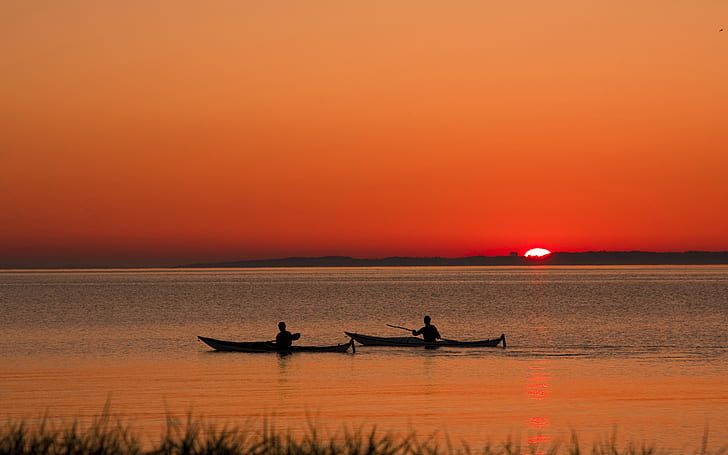 sunset, kayaks