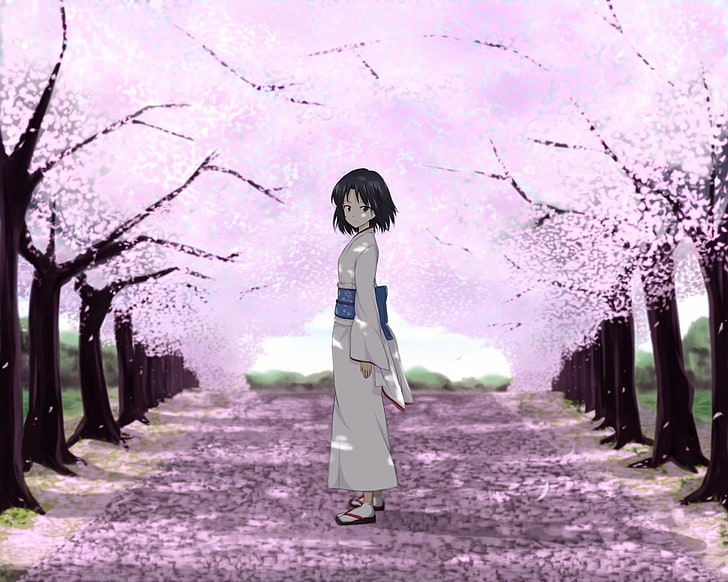 anime, anime girls, Kara no Kyoukai, Ryougi Shiki, kimono, cherry blossom, HD wallpaper