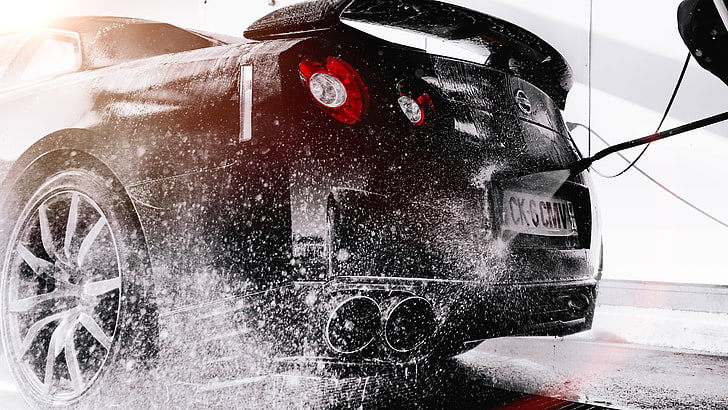 black Nissan GT-R Skyline R35 coupe, nissan r35 gt-r, washing, HD wallpaper