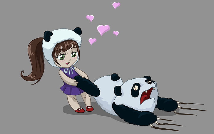 Little Girl Playing, girl dragging panda cartoon illustration, HD wallpaper