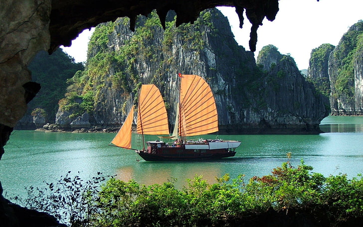 yellow and black outdoor tent, sailing ship, nature, Halong Bay, HD wallpaper
