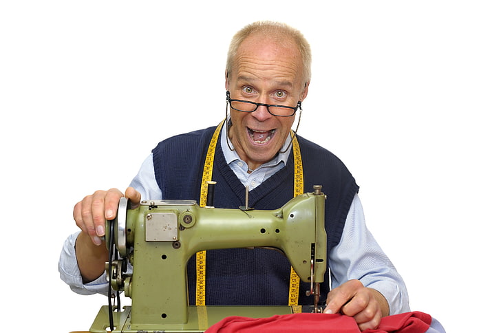 green sewing machine, man, seamstress, white background, tailor