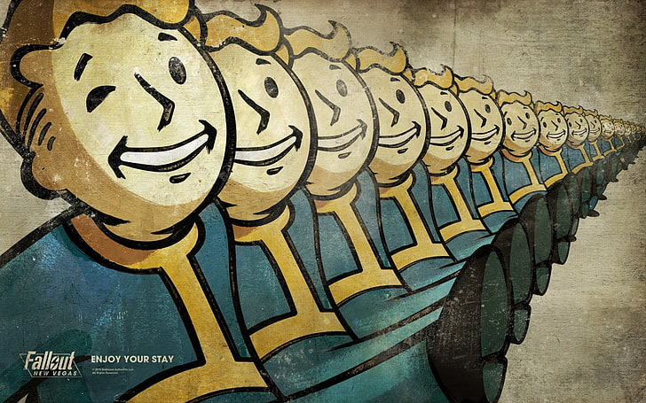 Fallout game poster, boys wearing blue shirt illustration, Vault Boy