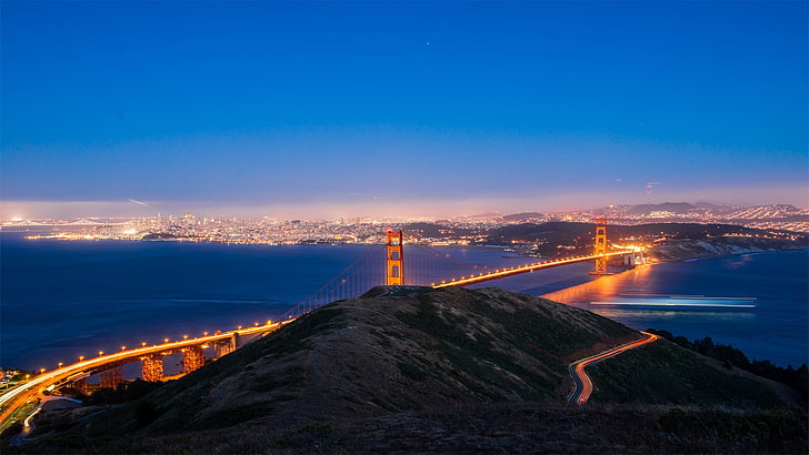 Golden Gate bridge, light trails, San Francisco, city lights, HD wallpaper