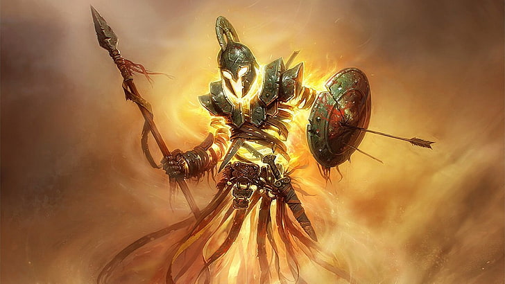 fire fiend knight holding spear wallpaper, warrior, fantasy art, HD wallpaper