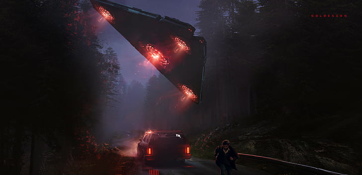 science fiction, UFO, car, men, forest, lights, highway, digital art
