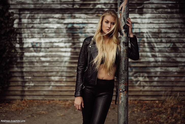 women's black leather zip-up jacket and black leather pants, Andreas-Joachim Lins, HD wallpaper
