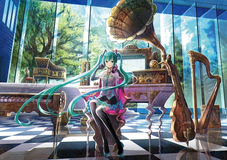 brown and green wooden table decor, anime, Hatsune Miku, Vocaloid