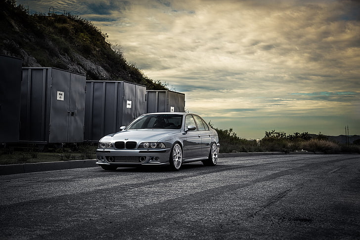silver BMW 3 series, road, blue, containers, e39, car, transportation