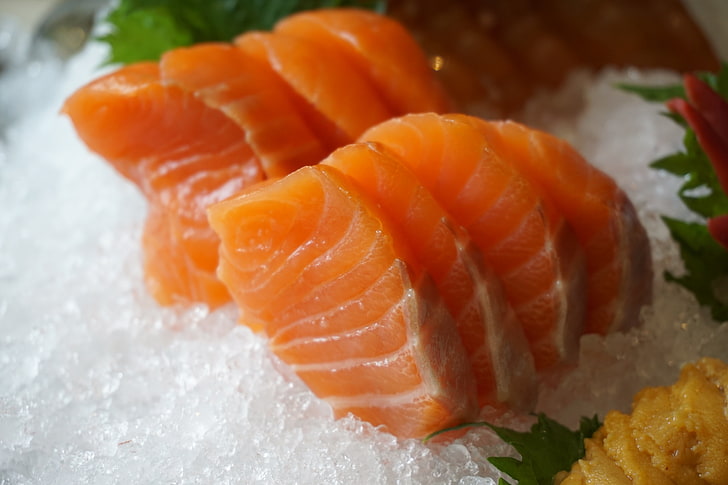 salmon fish, ice, meat, sliced, food, seafood, sushi, sashimi, HD wallpaper