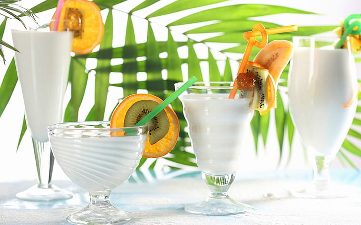 Glasses Cocktails Shakes Fruit Slices Leaves Kiwi Orange Banana Pictures