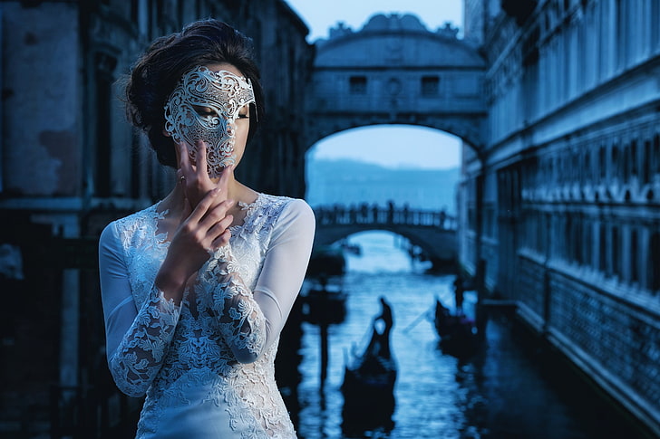 Venice, mask, women, model, venetian masks, one person, architecture, HD wallpaper