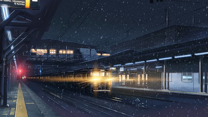 black train, anime, winter, lights, train station, snow, night