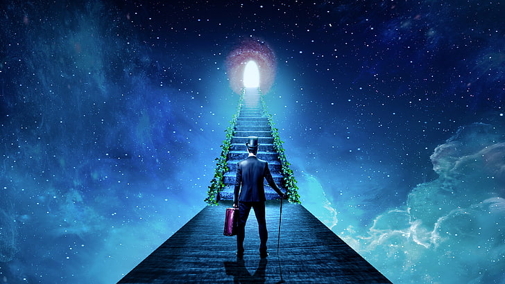 man walking toward staircase illustration, Heaven and Hell, Man with No Name