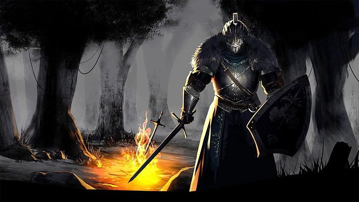 armor animated character wallpaper, fire, sword, Dark Souls, forest, HD wallpaper