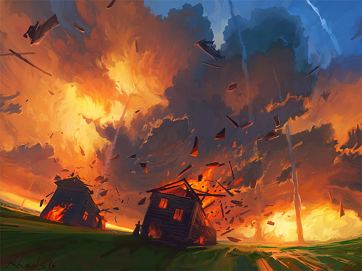 house in fire digital artwork, painting, orange color, architecture