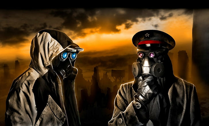 artwork, apocalyptic, men, gas masks, hat, glasses, clouds, HD wallpaper