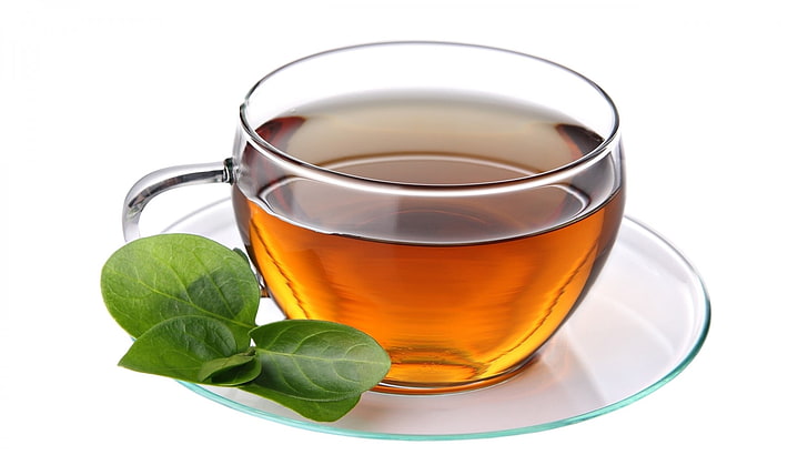 clear glass cup, tea, leaves, plate, drink, tea - Hot Drink, liquid