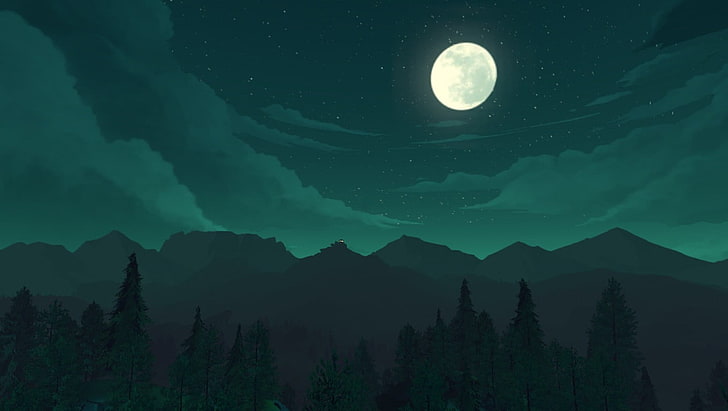 moon and mountains illustration, Fire Watch, green, nature, landscape