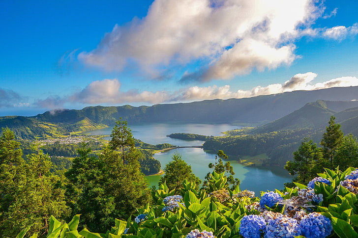 river and mountains, clouds, flowers, lake, panorama, crater