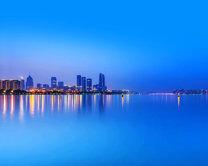 Cityscape, Reflections, Sunset, Blue, Huawei MediaPad, Stock HD wallpaper