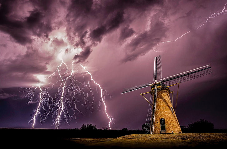 brown and black windmill, lightning, storm, clouds, night, electricity, HD wallpaper