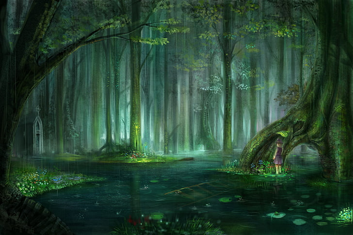person in forest swamp, water, drops, rain, mood, anime, weather