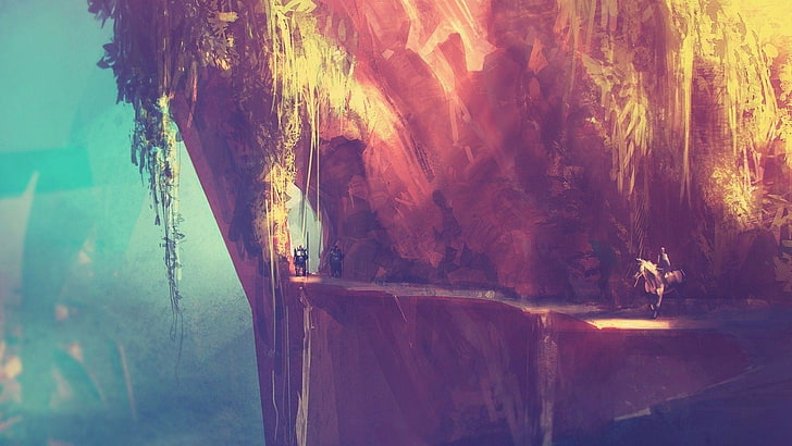 brown cliff pathway digital wallpaper, artwork, fantasy art, mountains, HD wallpaper