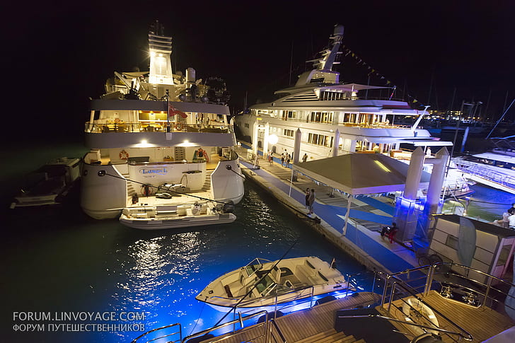 two white cruise ships during nighttime, superyachts, sea, ocean  ship, HD wallpaper