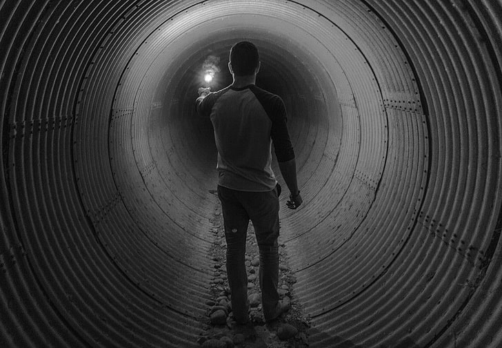 Man of Steel, rear view, one person, standing, tunnel, full length