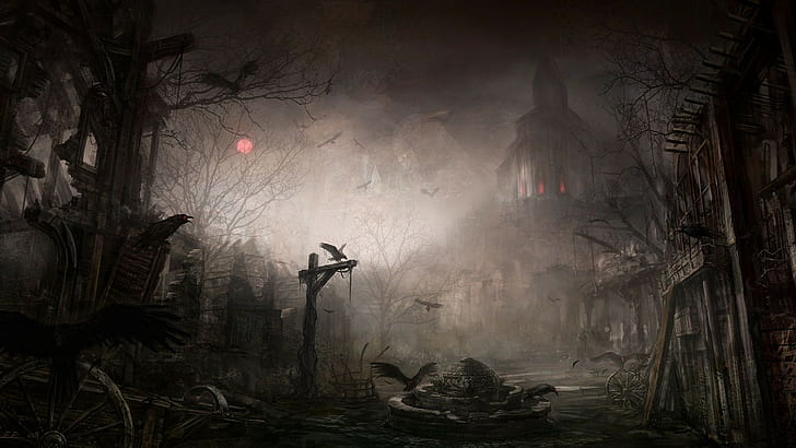 Diablo III, dark, digital art, painting, fantasy city, Diablo 3: Reaper of Souls, HD wallpaper